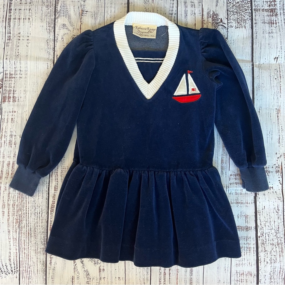 Rebecca Raggs Original navy blue velour dress sailboat appliqué pleated navy 4T
